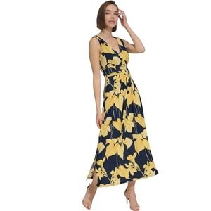 NWT Tommy Hilfiger Maxi Dress Size 4 Sleeveless Yellow Floral Navy Resort Travel